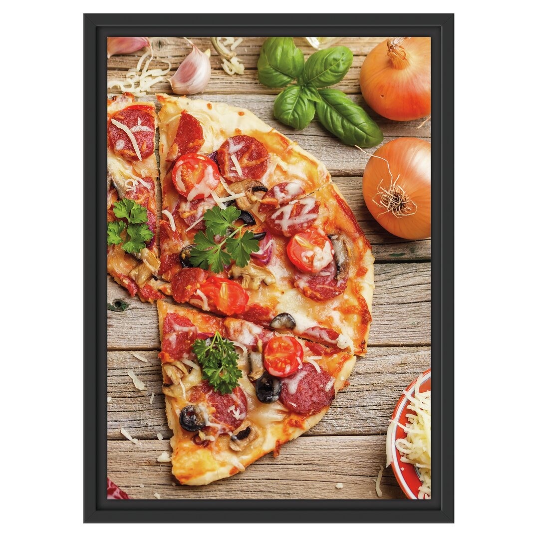 Gerahmtes Wandbild Pizza Italia auf Holztisch