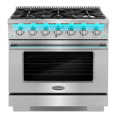 Cosmo 36 po. Collection Vista 5,4 pi³ Cuisinière à gaz, 6 brûleurs, four à convection, panneau lumineux DEL en acier inoxydable moderne