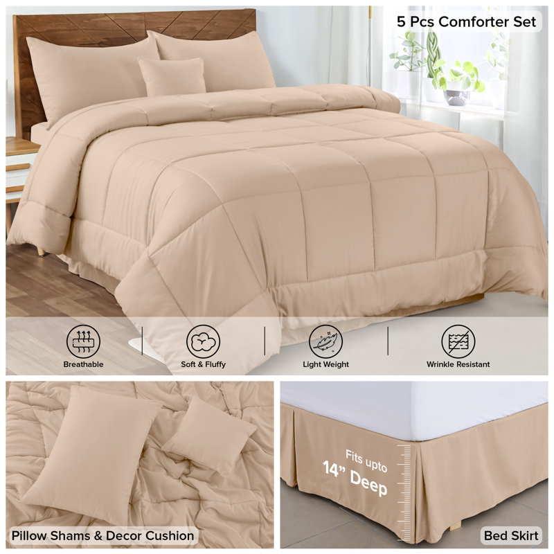 5pc Comforter Set - All Season Down Alternative Comforter with Shams and Bed Skirt - Quilted Duvet Insert with Corner Tabs