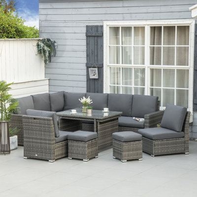 Outsunny 10 Seater Rattan Dining Set with Expandable Table, Grey
