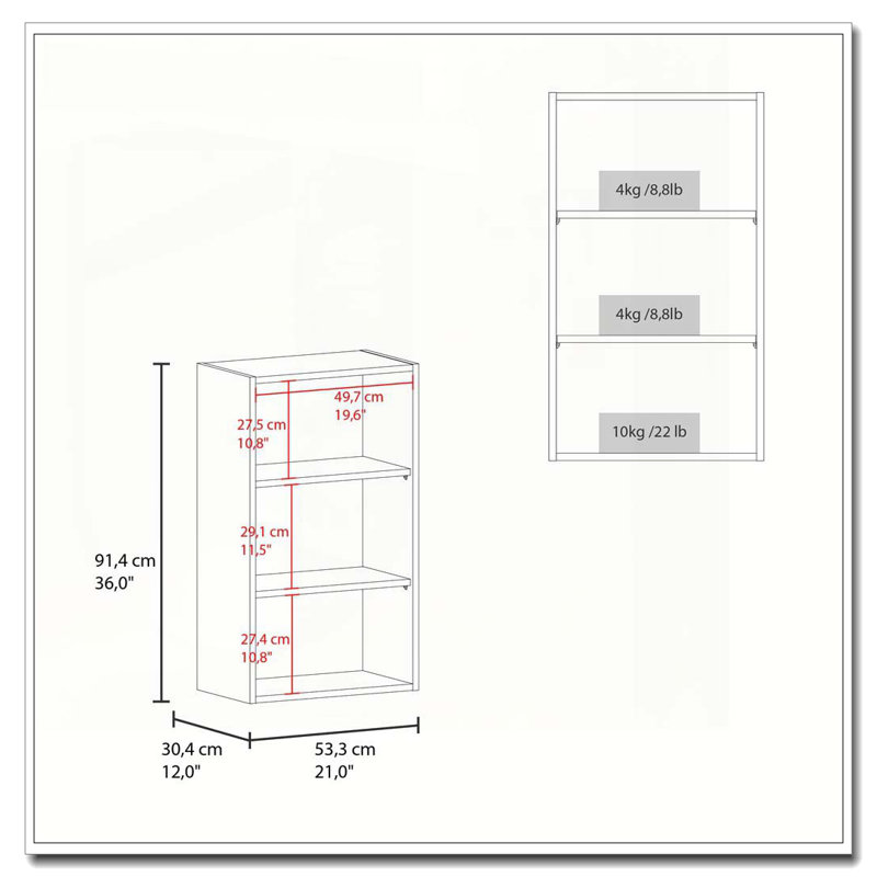 White Wall Cabinet with Open Storage, 36" H x 21" W x 12" D, White