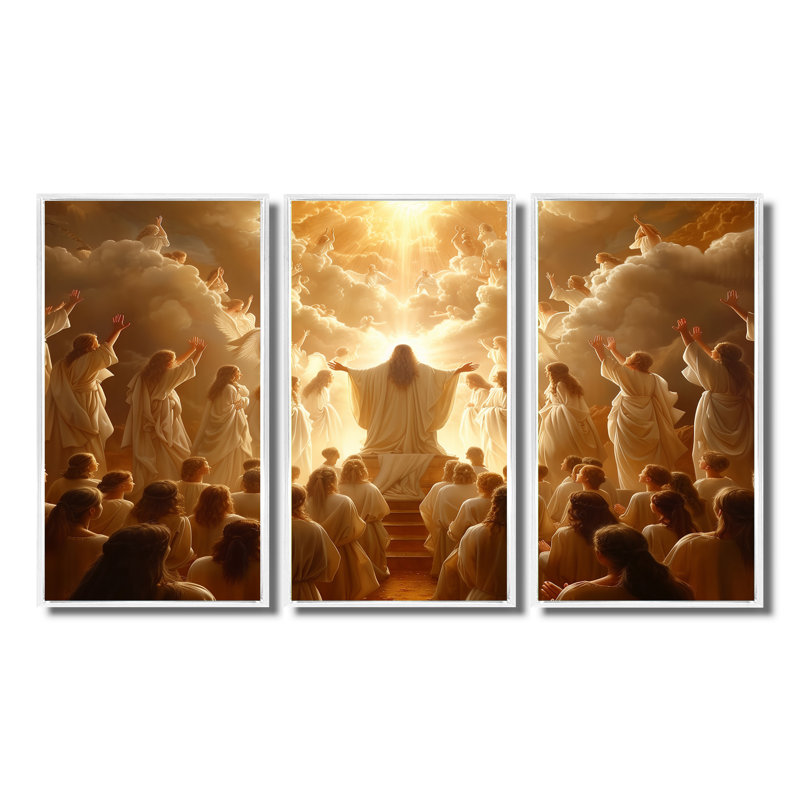 Jaune et blanc, portrait religieux, anges II - Portrait d'art mural, ensemble d'art mural, Toile encadrée flottée blanche
