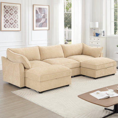 U-Shaped Deep 3 With Wraparound Back And Arm Cushions, Chenille Wheat, Hidden Storage In Seats For Tidy Homes Organization