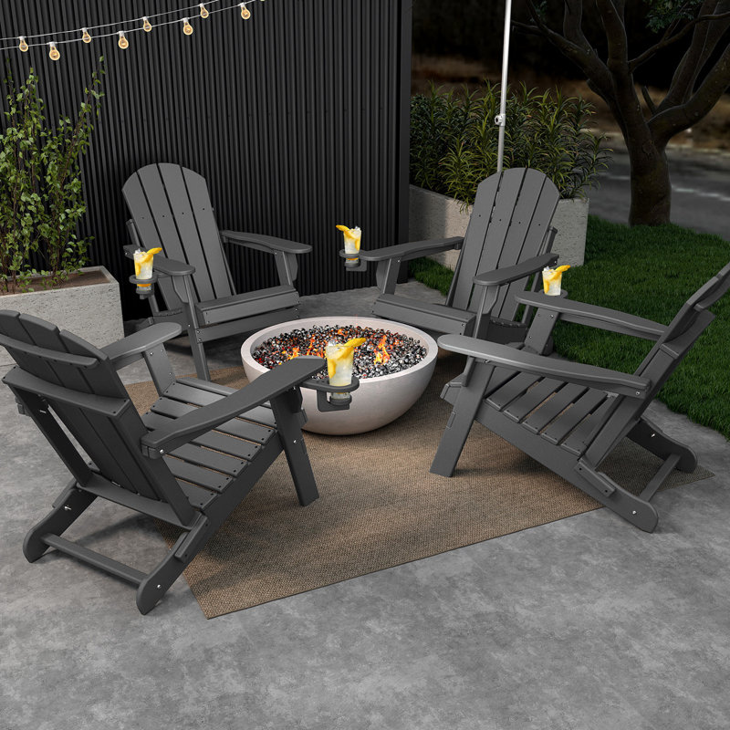 Hdpe Plastic Folding Outdoor Adirondack Chair With Cup Holder, Gray
