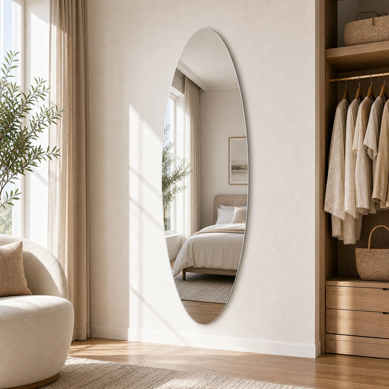Miroir mural ovale sans cadre 65 po x 21 po avec verre argenté sans cuivre et fixation flexible