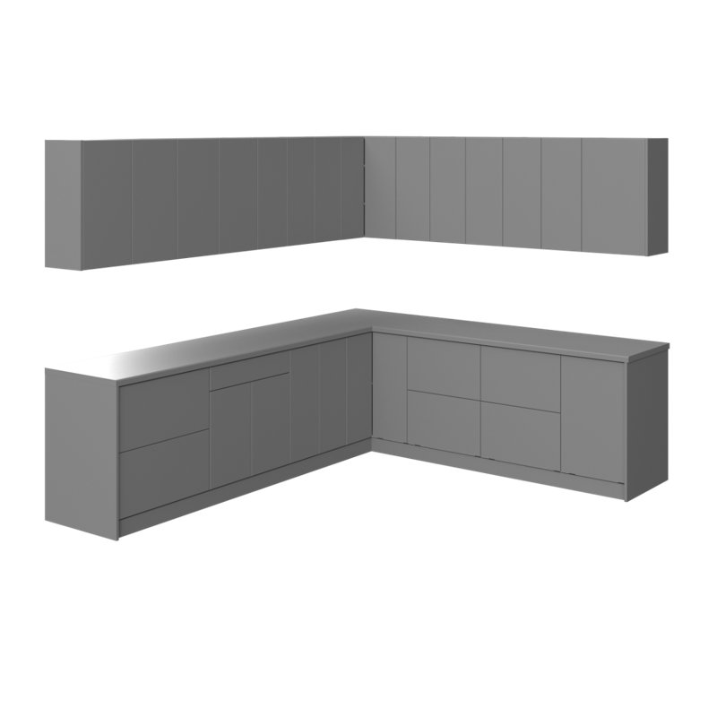 Gray Gloss and Wood Modern L-Shaped Kitchen Base Cabinets