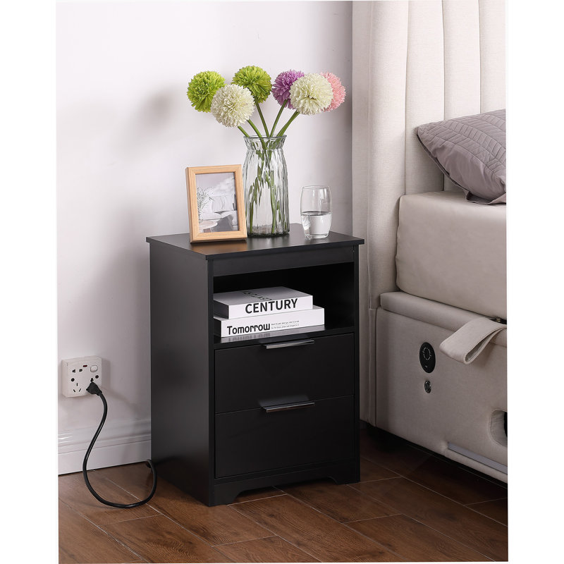 Table de chevet avec station de charge, table de bout à 2 tiroirs, table de bout en bois avec tiroir et tablette d'ouverture, table d'appoint pour chambre à coucher, noir