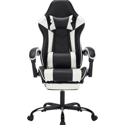 Gaming Chair With Footrest, Ergonomic Computer And Lumbar Support, Breathable Material, Height Adjustable Video Game For Adults In Black White, Featuring Massage Pillow, Retractable 360 Rotating Pu