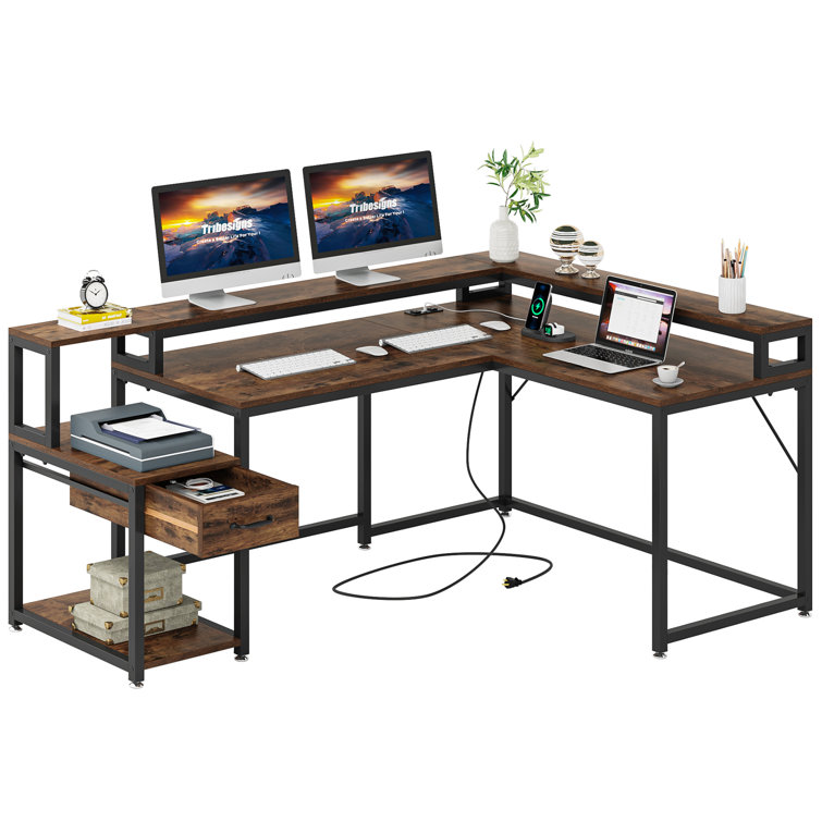 Eyerson L-Shape Gaming Desk with Built in Outlets 17 Stories Color (Top/Frame): Brown/Black, Size: 33.30 H x 55.11 W x 31.50 D