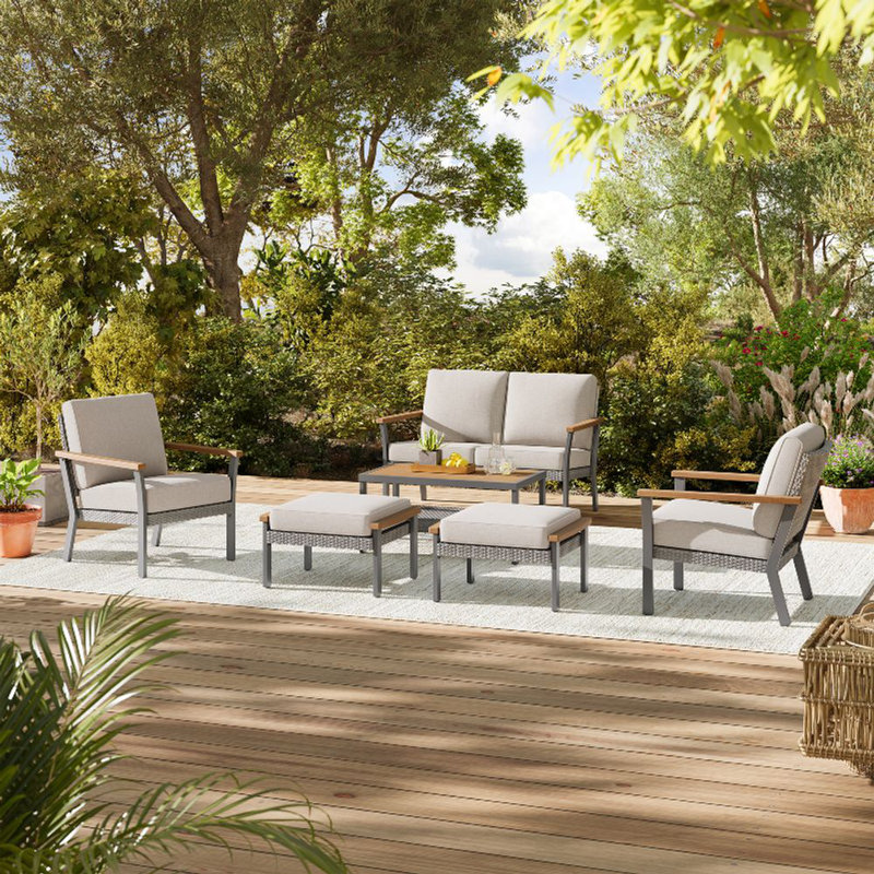 Ensemble de meubles de patio 6 pièces Nordic Hygge, 1 table basse, 1 causeuse, 2 chaises longues et 2 repose-pieds