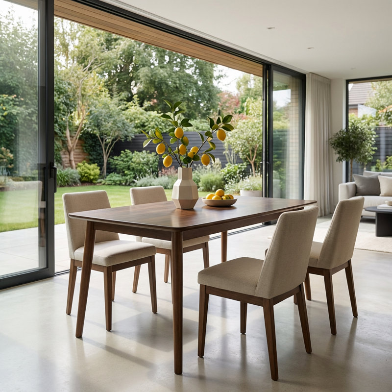 Solid Wood Rectangular Dining Table with Rounded Corners, Mid-Century Modern Style Kitchen Table