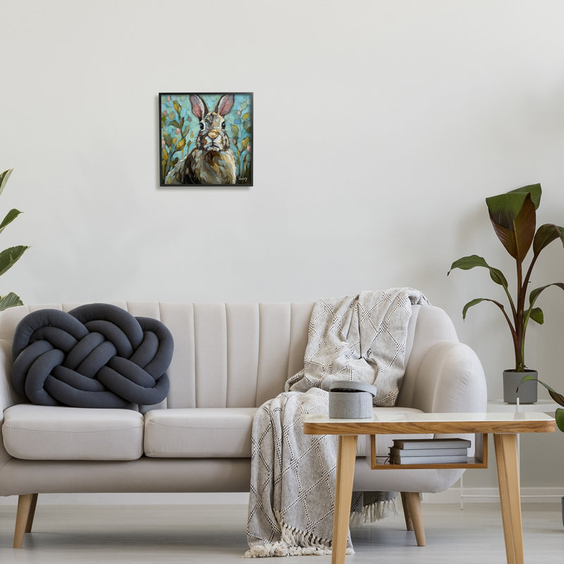 «Rabbit Portrait Botanical Blooms», estampe numérique encadrée par Andrea Lavery, Giclée encadrée noir minuit