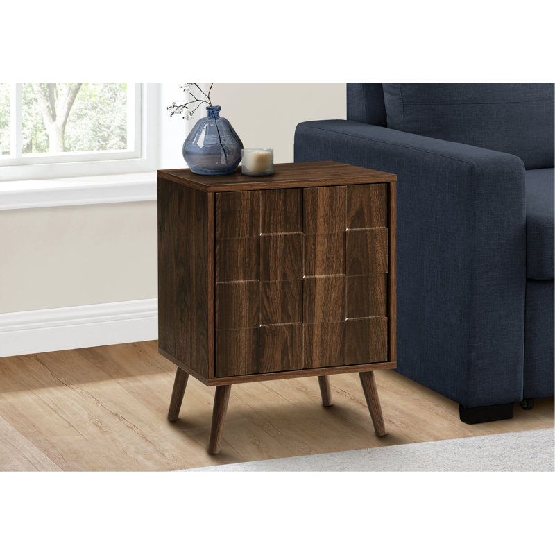 Walnut Laminate Side Table For Bedroom: 23" Height, Solid Wood Legs, Storage With Push Latch, Mid-Century Style Living Room Or Bedroom Accent Areas: Tall, Cabinet, Inspired Design