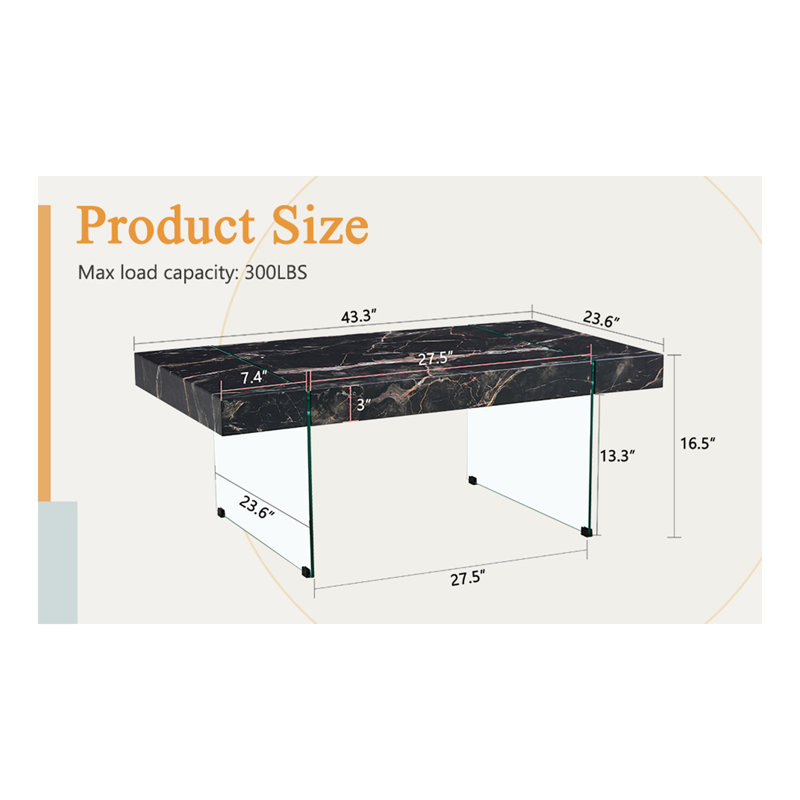 43.3"X23.6" Black Marble-Patterned MDF Coffee Table With Tempered Glass Legs.Suitable For Living Room.It Can Be Used Not Only As A Coffee Table But Also As A Side Table Or Display Stand.