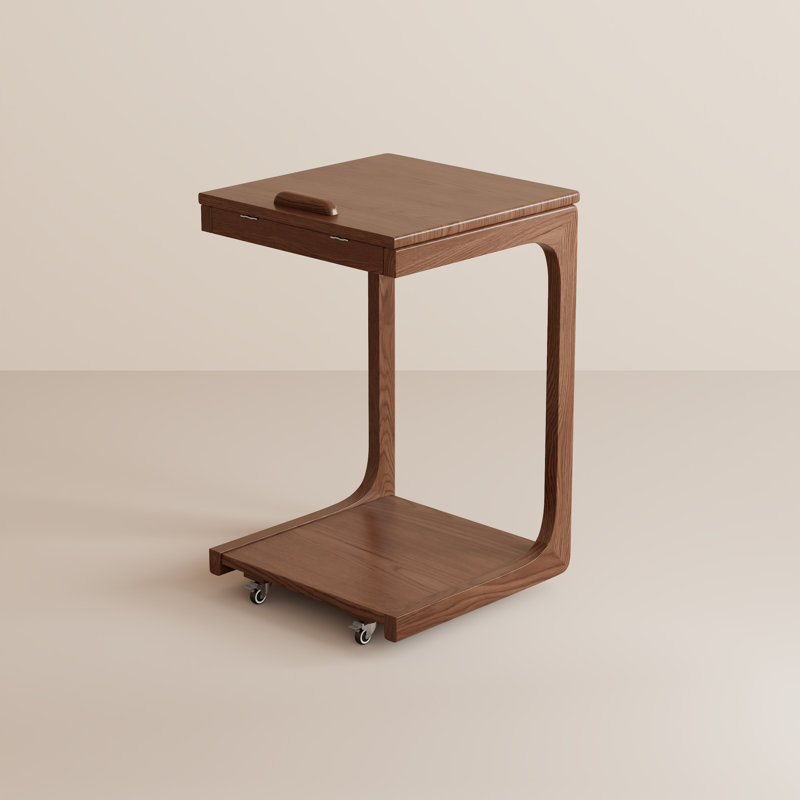 Solid Wood C-Table End Table, Flip Top Hidden Storage Rolling Side Table with Wheels for Living Room Bedroom, Brown