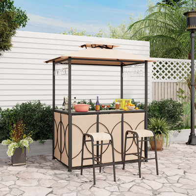 3 PCS Patio Bar Set with Tempered Glass Bar Table Metal Storage Shelves