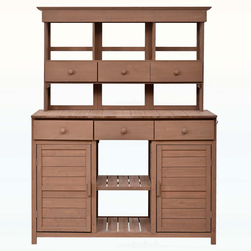 Potting Bench Table with 3 Shelves,6 Drawers, Brown