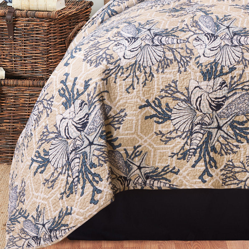 Indigo Blue Cotton Twin Reversible Quilt Set with Nautical Design