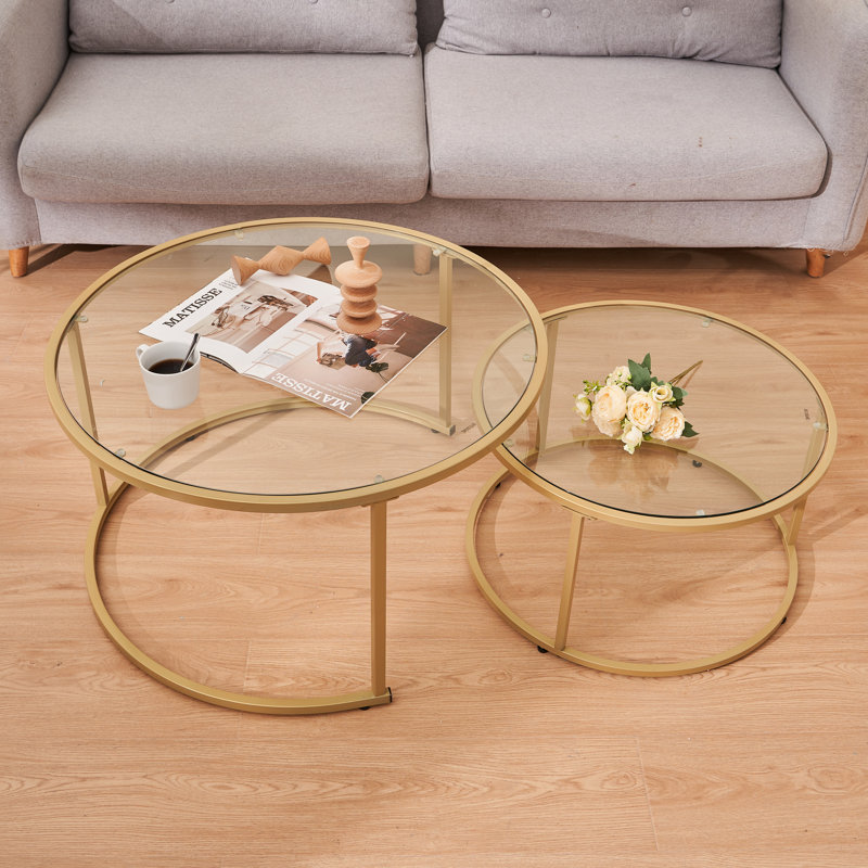 Ensemble de 2 tables basses Modern Modern, structure en métal avec plateau en verre trempé, tables empilables pour le salon, assemblage facile