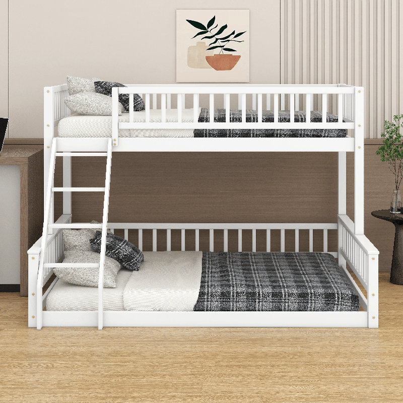 Twin XL Over Queen Wood Bunk Bed With Ladder And Full-Length Guardrails, White