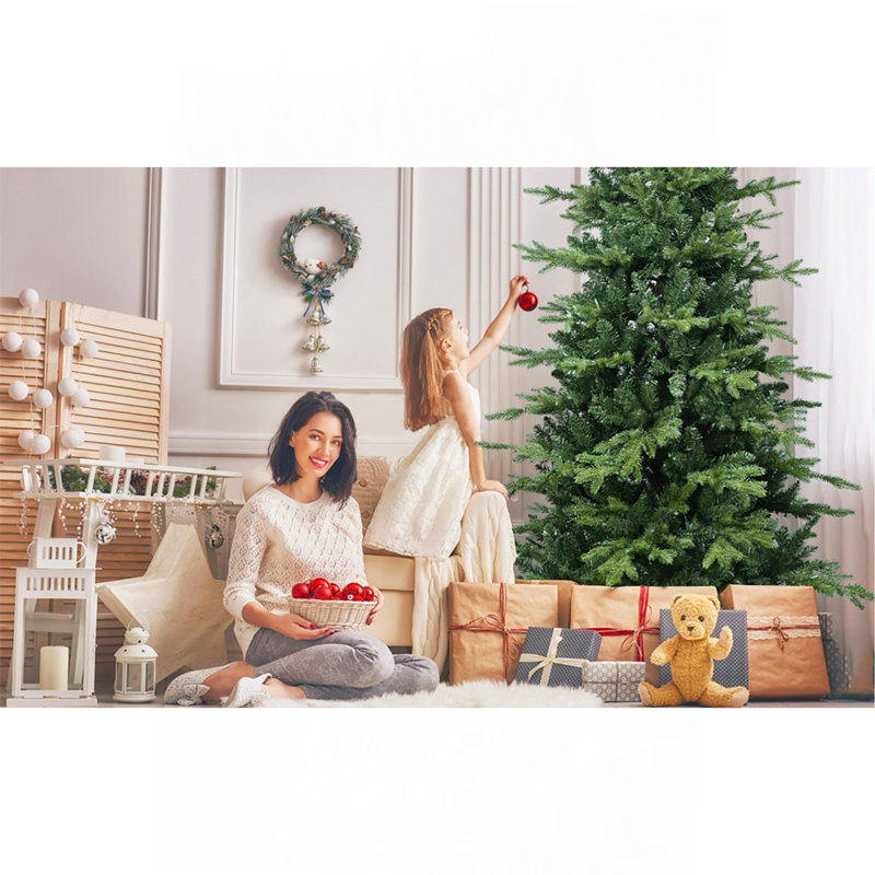 Arbre de Noël vert 6,5 pi en PVC + PE avec 2142 pointes - Arbre à charnières plein et luxuriant avec support en métal, assemblage facile, conception d'aiguille mixte réaliste