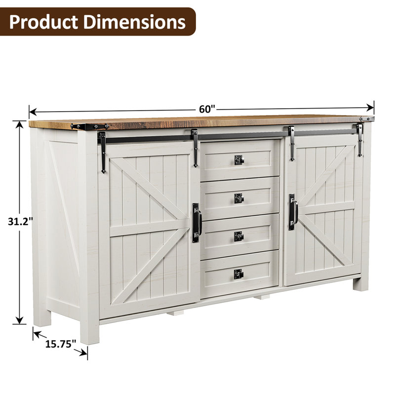 Commodes de style campagnard 60 po avec 4 tiroirs et 2 armoires, Blanc