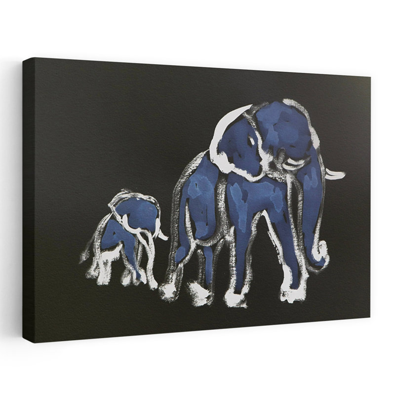 «Blue Elephant Family Abstract Modern Peaceful Elephant Wildlife», reproduction d'art murale, 32" H x 48" W