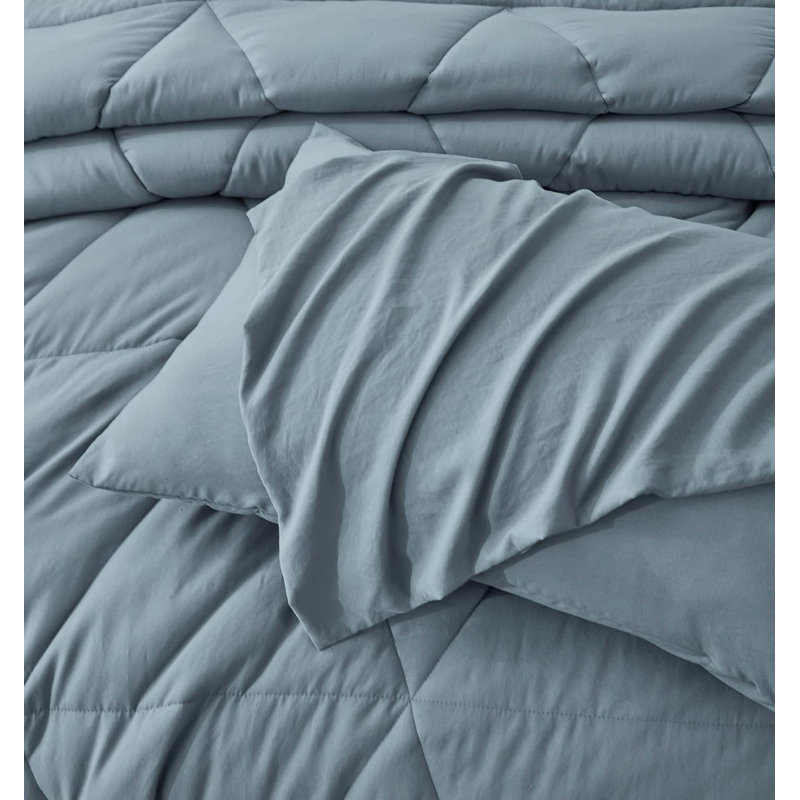 Washed Microfiber Bedding Polyester Comforter, Dusty Blue, Oversized King Comforter + 2 King Shams