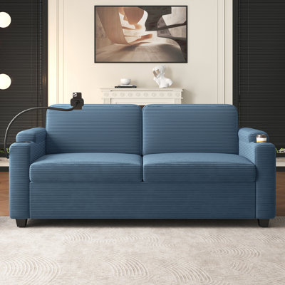 72.8" Corduroy Sleeper Sofa Loveseat Sofa with Full Size Mattress, Two USB Ports, Two Cup Holders, Two Side Pockets and a Phone Holder for Living Room