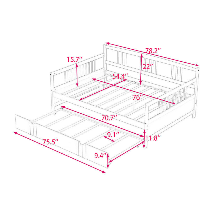 Jaye Wooden Daybed with Twin Size Trundle, Full, Gray