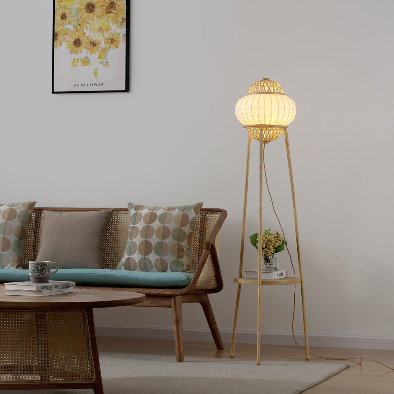 Hikari 57.88'' Boho Chic Floor Lamp With a Woven Bamboo + Silk Shade, And Storage Shelf