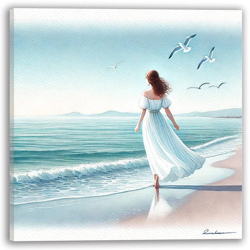 Art mural sur toile Serenity by the Shore: Elegant Lady in White, H 20 po x l 20 po x P 1,5 po