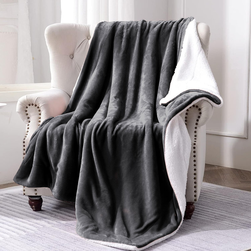 Sanborn Soft Reversible Sherpa Fleece Fur Thick Blanket Throw, Grey, 130cm x 150cm
