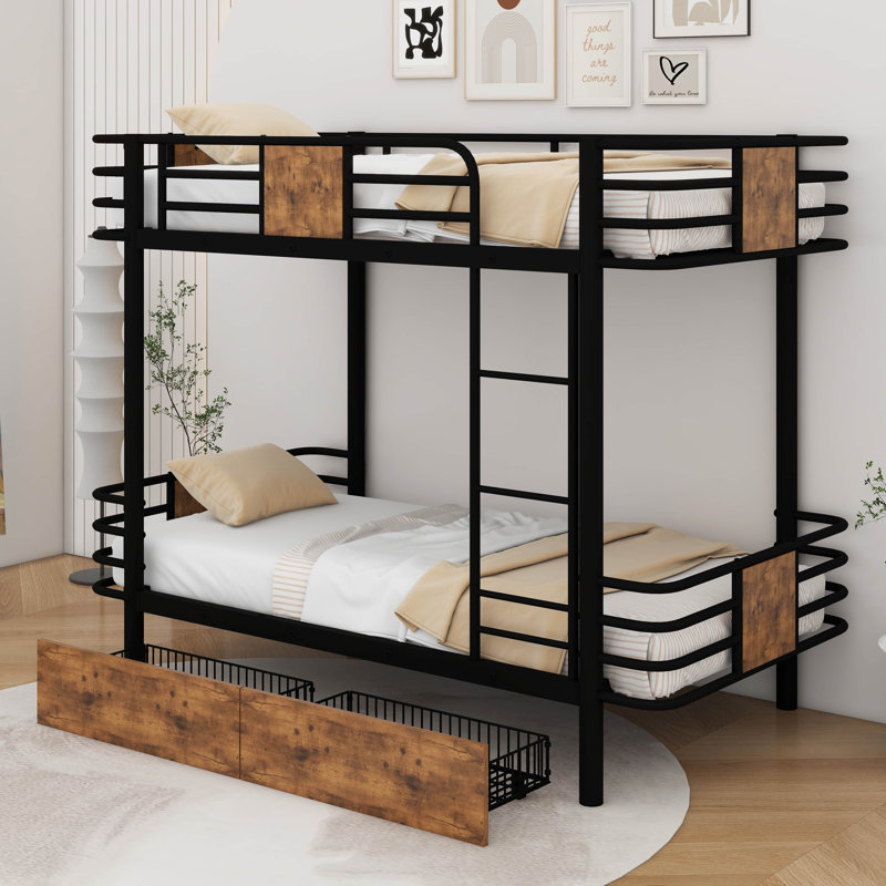 Twin XL Over Twin XL Metal Bunk Bed With Drawers, Black