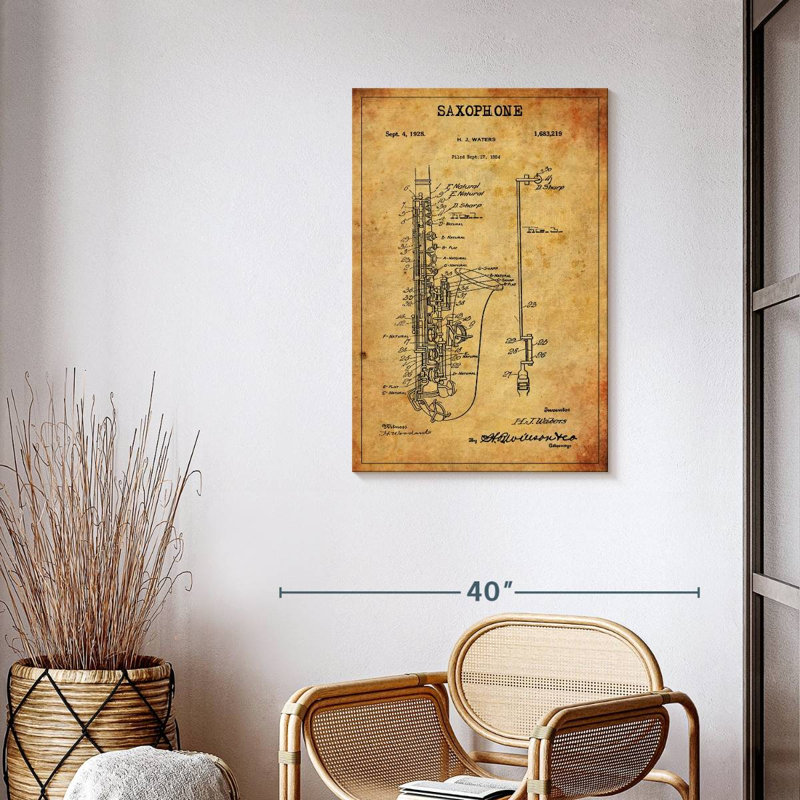 Brevet de saxophone sur toile, H 24 po x l 36 po x P 1,25 po