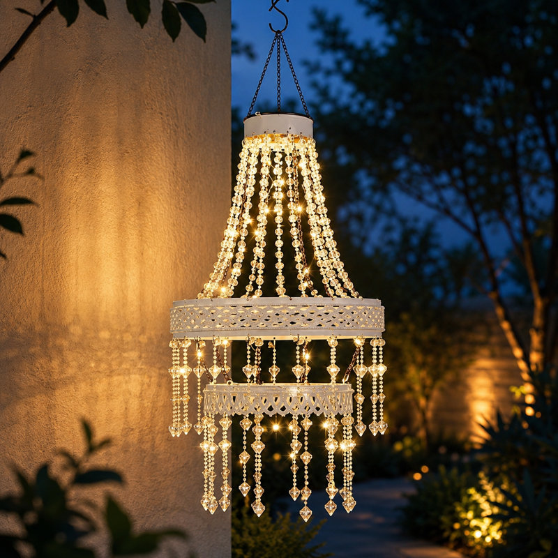 Lanterne solaire suspendue d'extérieur avec lustre en cristal blanc, double structure moderne en acrylique cristal, étanche, idéale pour la décoration de jardin, la terrasse, les fêtes et les chambres. Parfait pour une tonnelle, un jardin, un patio, une fête ou une chambre.