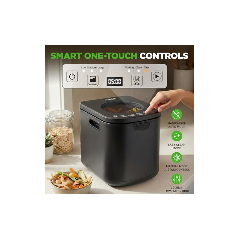 NutriChef 4 Quart Electric Kitchen Composter | Smart Countertop Composter Includes 2 Odorless Carbon Filters | Electric Compost Bin for Indoor Use | 3 Volume Based Modes Small, Medium & Large | Gray