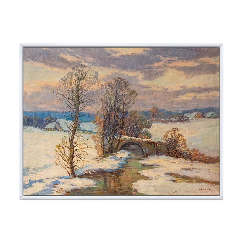 Paysage rétro de rivière d'hiver - peinture sur toile, H 12 po x l 20 po x P 1 po, Cadre flottant blanc