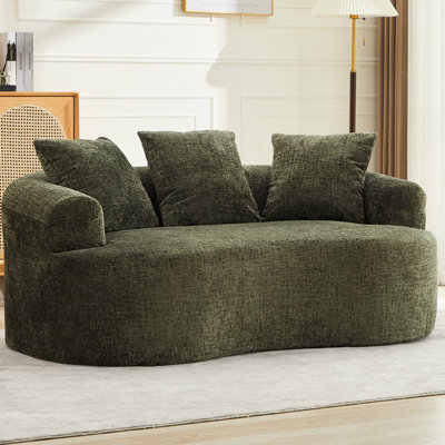 Fauteuil incurvé Olive, petit modèle en chenille avec 3 coussins, mousse à mémoire de forme, aucun assemblage requis, sans animaux, poids maximal supporté : 136 kg, assise profonde idéale pour les petits espaces, assemblage nécessaire, matériau confortable en mousse pour un confort optimal.