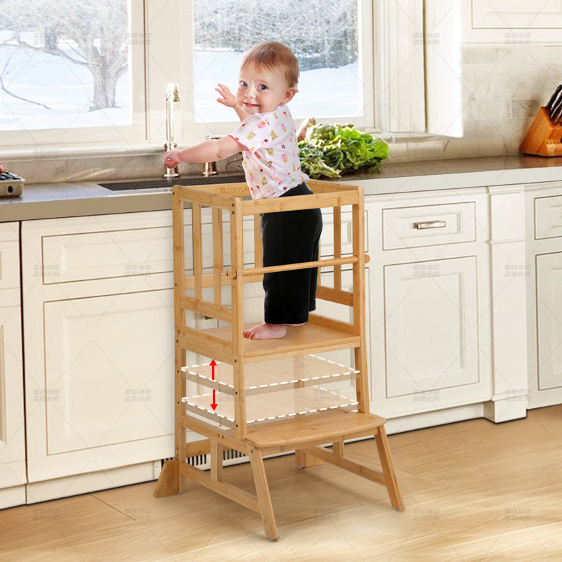 35.4''' Adjustable Kids Toddler Standing Tower With Anti-drop Bar, Anti-tip Kids Kitchen Step Stool, Brown