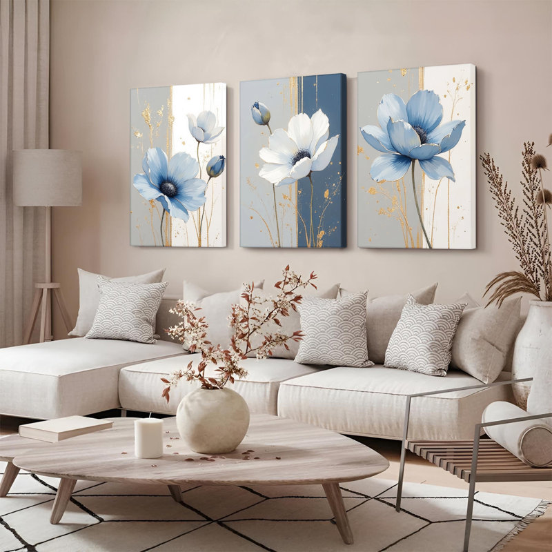 «Blue Floral with Gold Accents», reproduction d'art sur toile tendue sur toile (ensemble de 3), H 18 po x l 36 po