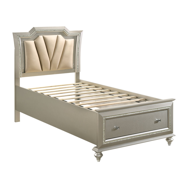 Lit plateforme avec rangement en cuir végétalien beige et champagne Izybella, Double