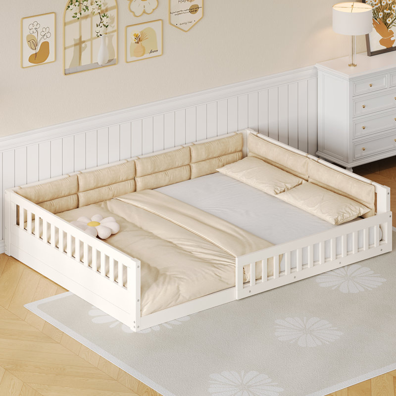 Kids Upholstered Platform Floor Bed With Safety Guardrails and Pillow, Beige