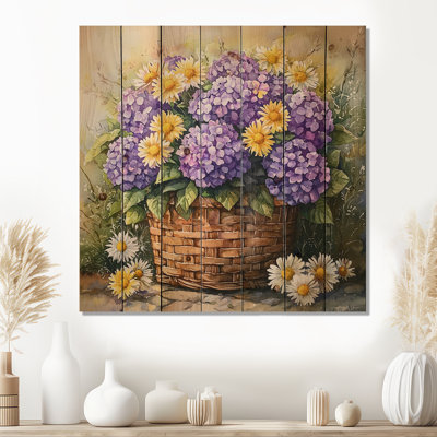 Hortensias et marguerites dans un panier - décoration murale en bois d'hortensias - sur bois de pin naturel