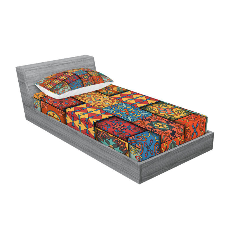 Multicolore drap-housse et coussin décoratif Ambesonne Talavera, Ensemble de draps pour lit simple + 3 pièces supp