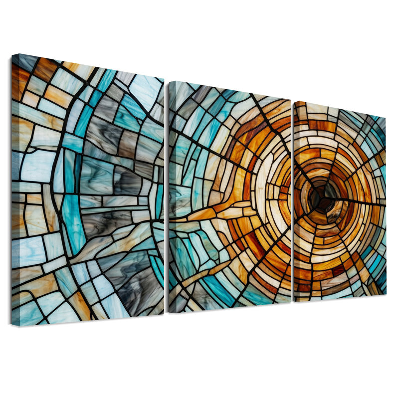 Ensemble de 3 toiles murales à motif de spirale en vitrail turquoise et ambre, 30"H x 20"W x 3pcs