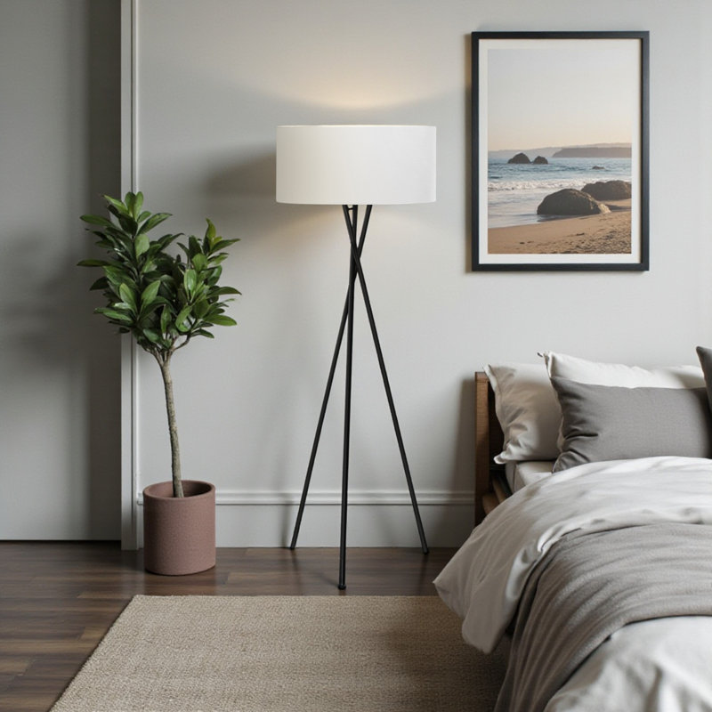 Rava 62"H Floor Lamp, Black Metal & Ivory / Cream Shade