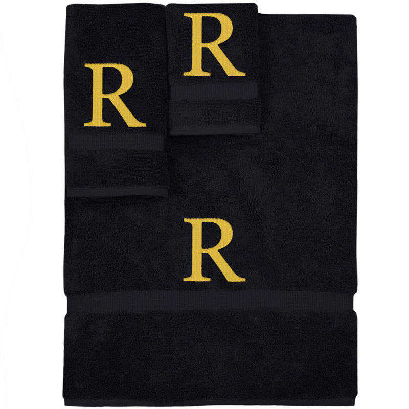 Ensemble de serviettes monogrammées - ensemble de 3 - lettre-bloc, R, Noir / or