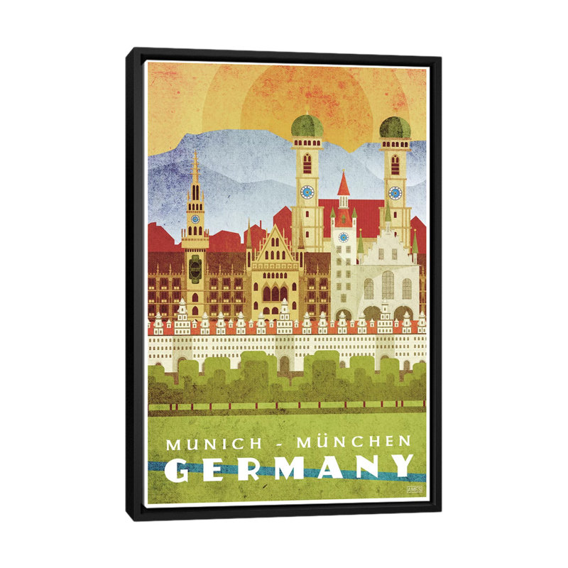 Allemagne-Munich par Missy Ames-impression d’art graphique, H 26 po x l 18 po x 1,5 po, Pas de tapis, Toile avec cadre noir