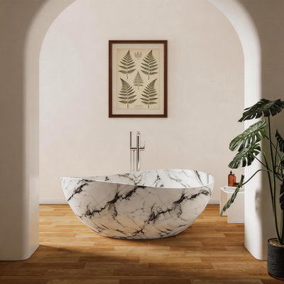 63" Oval Freestanding Solid Surface Bathtub with Luxury Marble Veining Finish, Ergonomic Deep Soaking Tub TL1030-63WT